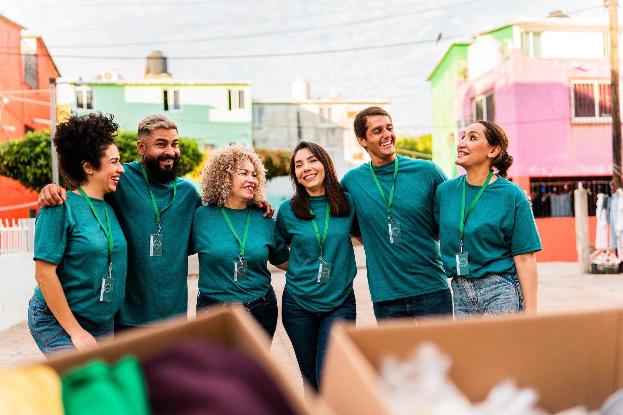 Volunteers talking outdoors