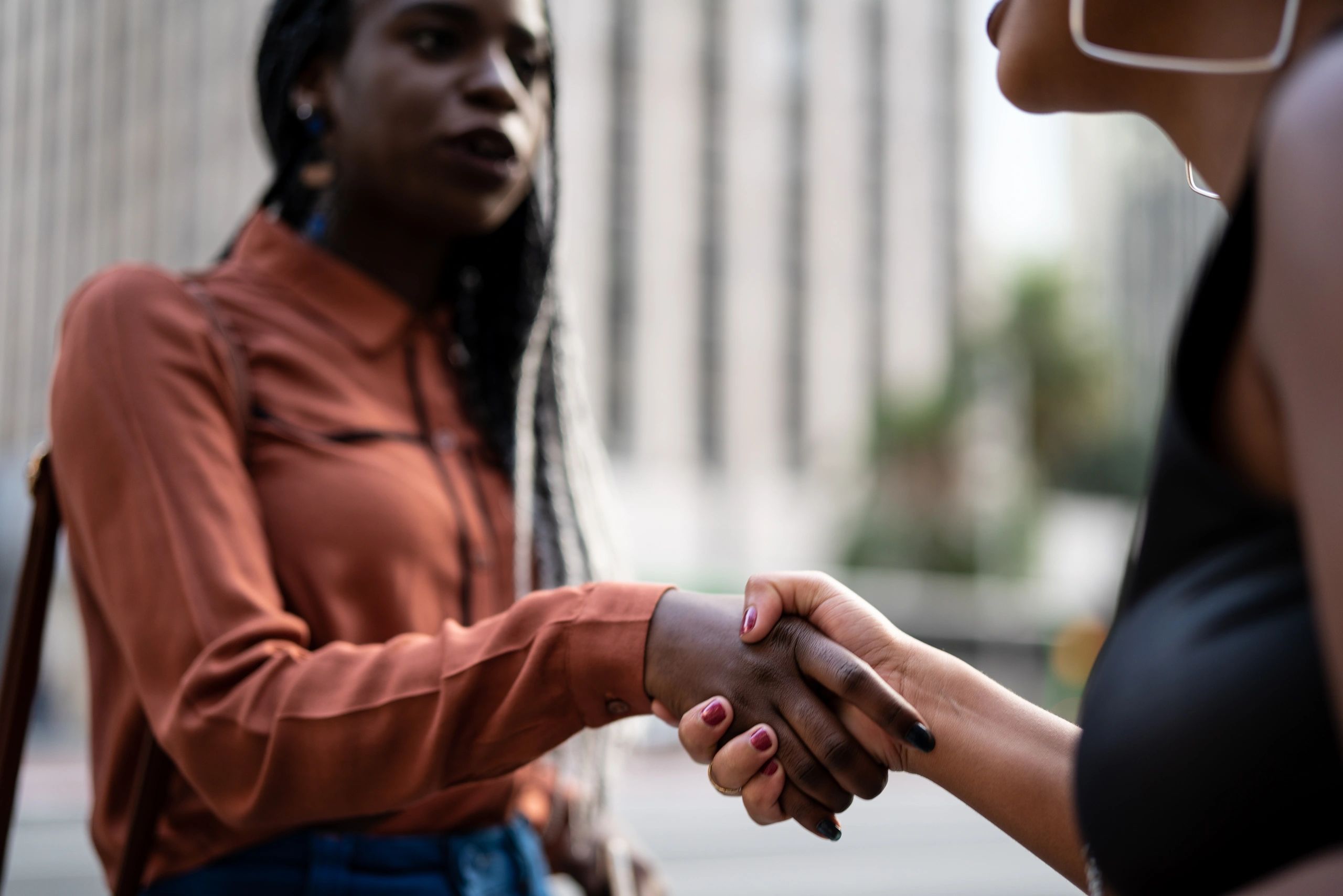Two professionals shaking hands in a meeting